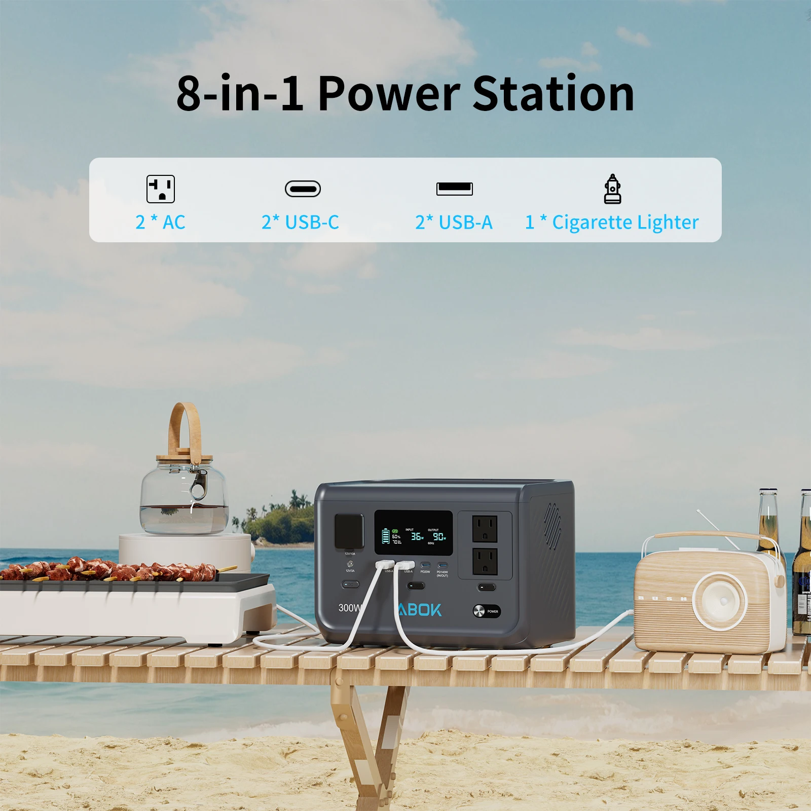 600W Peak Portable Power Station (2X300W AC) with Fast Charging&LiFePO4 Battery, for Outdoor Camping, Travel, Emergency, Outage