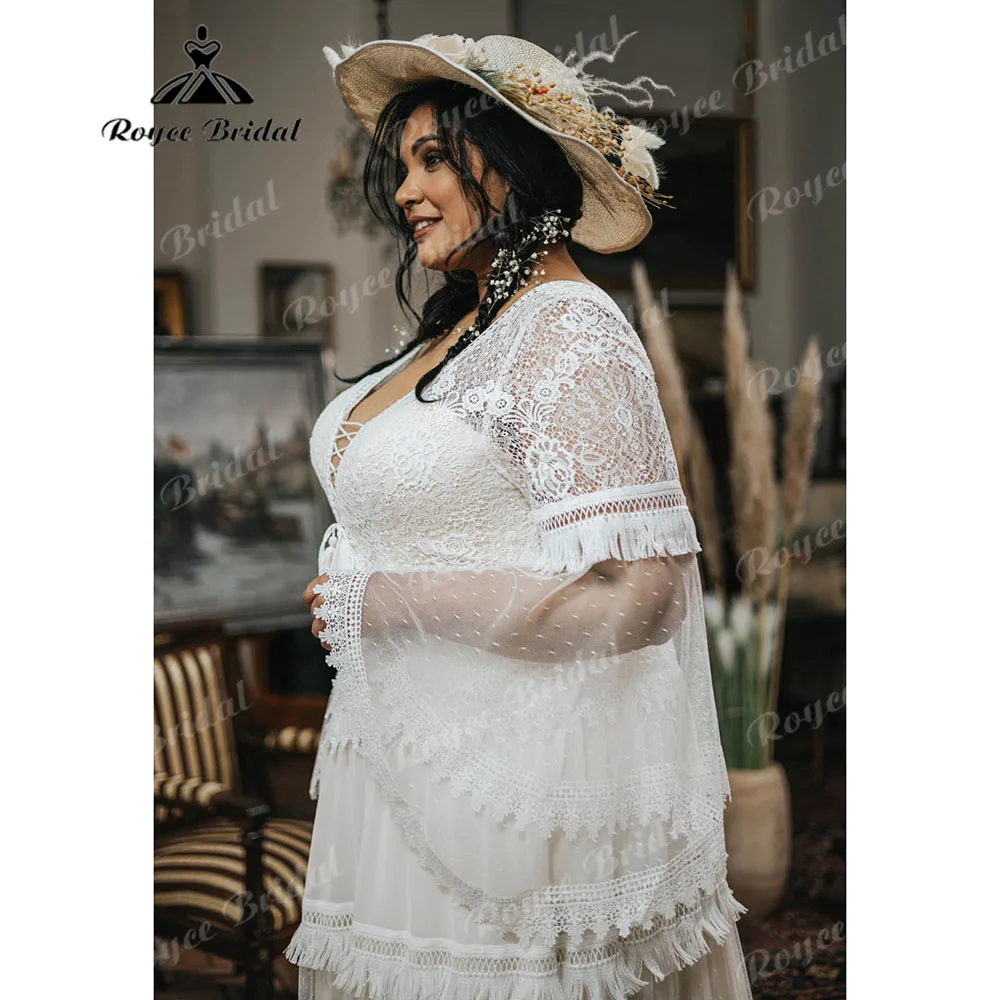 Vestido de novia de manga larga con cuello en V para mujer, traje de novia bohemio con borlas para playa, talla grande, 2024