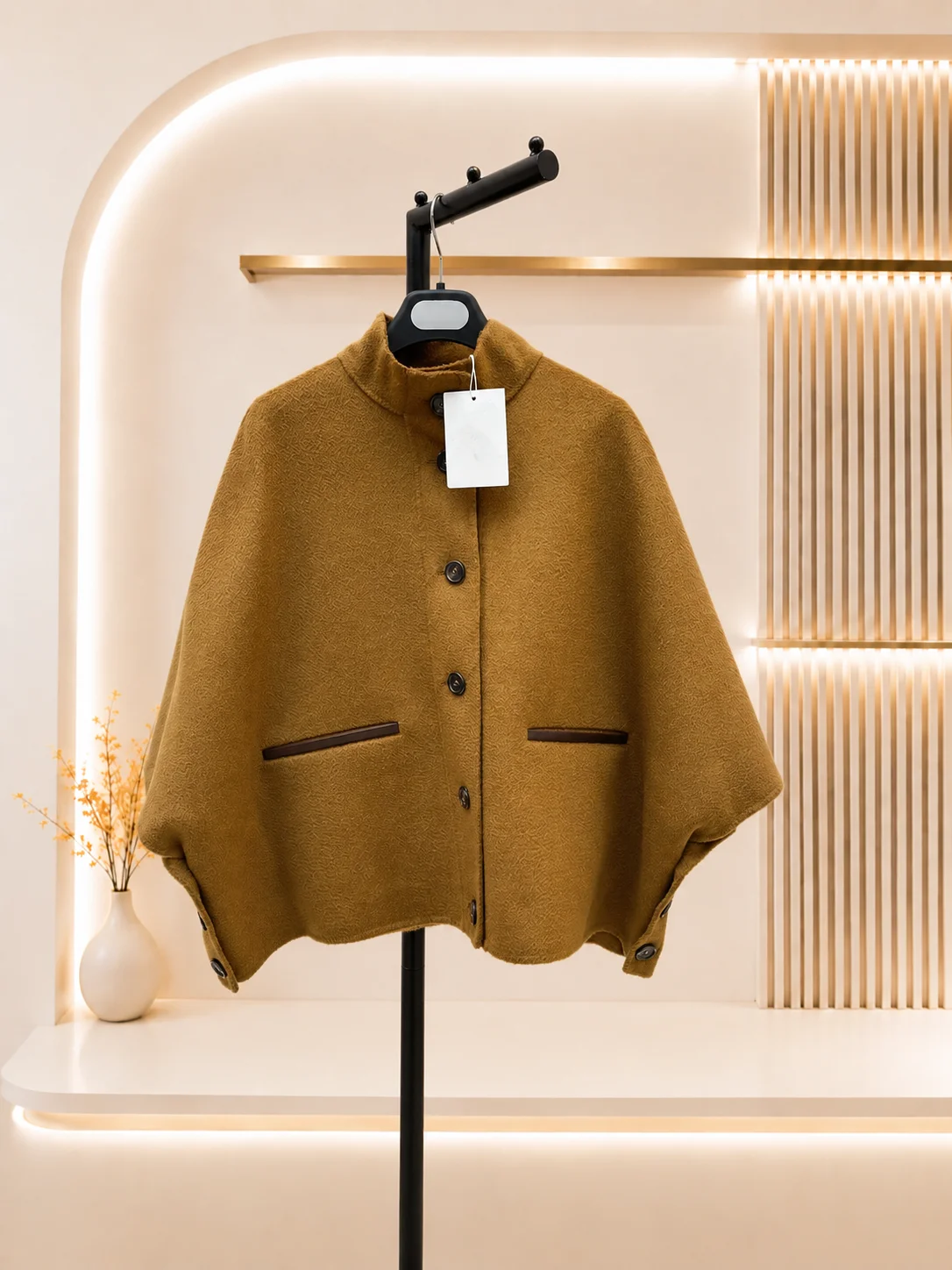 2026 Women Short Cape Jacket Custom Water Ripple Cashmere Fabric Soft Comfortable Pocket Contrast Leather Trim Irregular Drape