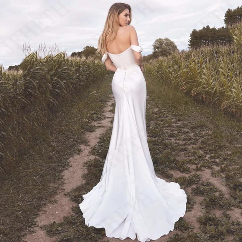 JEHETH Sexy Mermaid Simple Style Back Zipper Wedding Dress Floor-Length Off-The-Shoulder Backless Pleated High Slit Bridal Dress