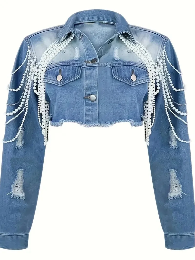 【HME】Ptorlio デニムジャケット レディース クロップドパール ブルー ジージャンジャケット トレンディショートコート クラブウェア ティーザー クロップドデニムジャケット