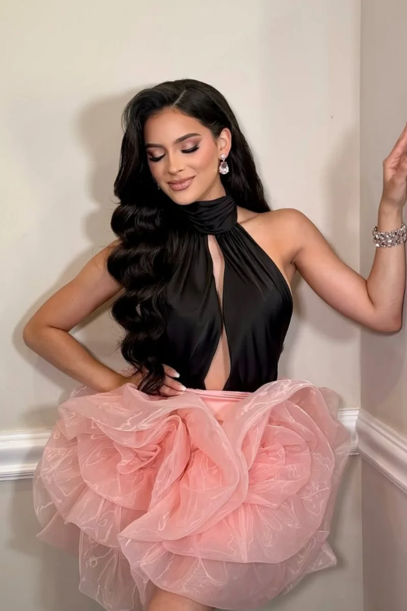 Jessica Fluffy Mini Short Evening Dresses Black Halter Neck Hollow Prom Dresses Fluffy Pink Organza Vestidos De Gala Customized