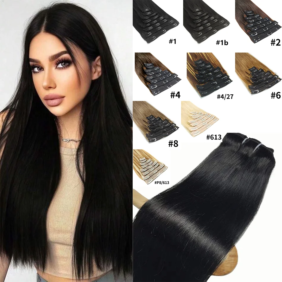 Extensiones de cabello liso Natural para salón, extensiones de cabello con Clip, 100% Real, Human12-26 pulgadas, Color # 1B, negro, 120g, 8 piezas, alta calidad