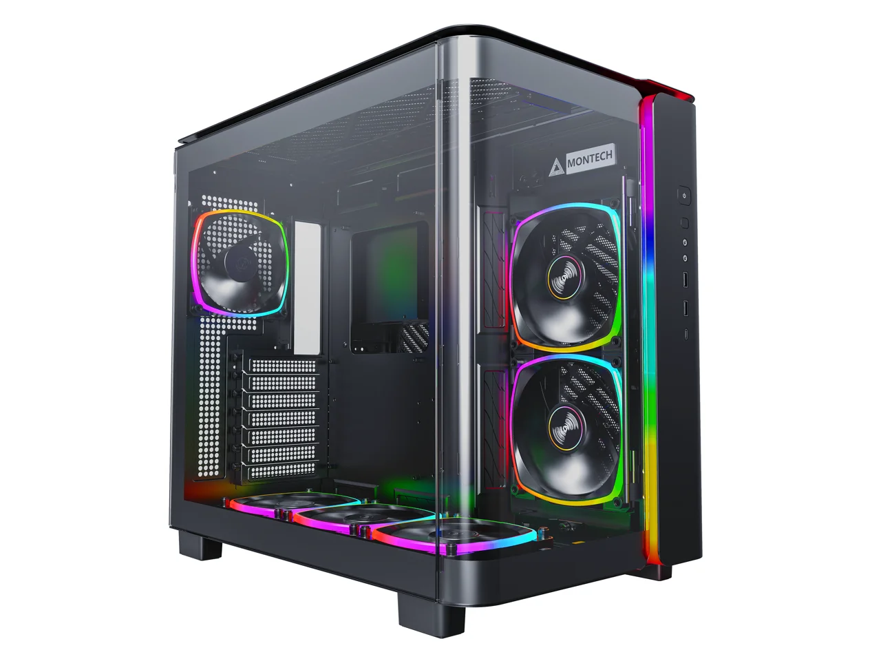 

MONTECH, KING 95 PRO Dual-Chamber ATX Mid-Tower PC Gaming Case, High-Airflow, Toolless Panels, Sturdy Curved Tempered Glass Front, Six ARGB PWM Fan Pre-installed with Fan Hub, Black