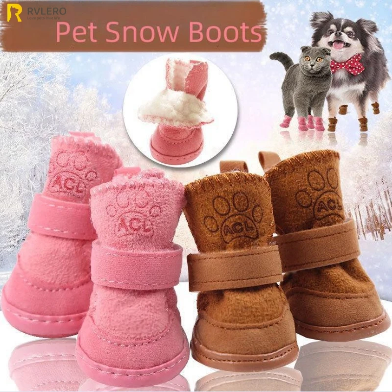 Botas de nieve para mascotas, zapatos antideslizantes de algodón cálido, felpa gruesa, suministros deportivos para perros pequeños y grandes, antiincrustantes, 4 piezas