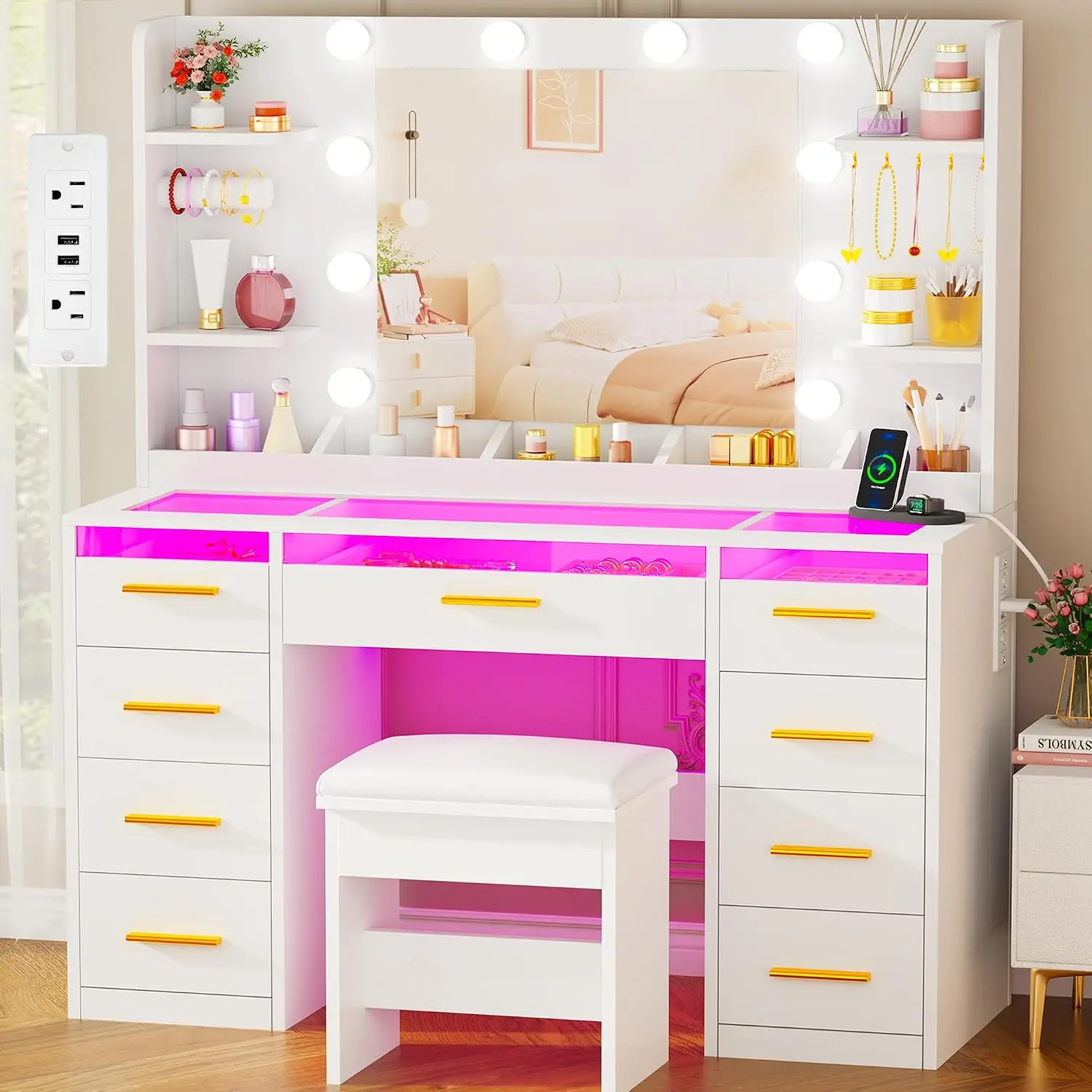 Large Vanity Desk with Mirror and Lights & Transparent Glass Top  3 Colors Makeup Vanity Table Set with 9 RGB Drawers, Power Outlet,White Vanity Stool and 4 Shelves for Bedroom Women UBDT94W