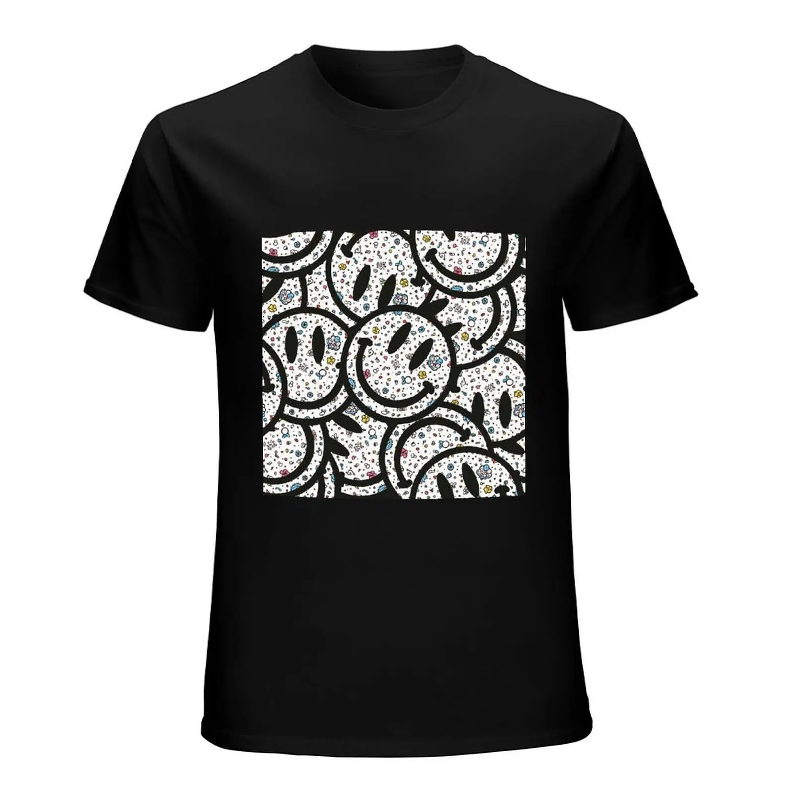 Hip Hop Graffiti Art Winking Sun Smiley Print Black Oversized T-Shirt Skate Culture Cotton Short Sleeve