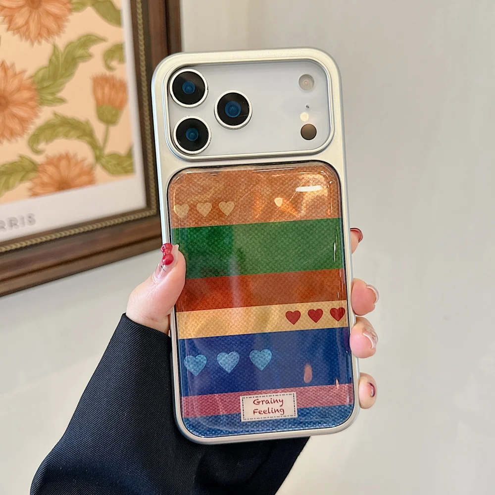 

Electroplated color striped love phone case, suitable for iPhone 17/14/15/16 Pro Max,fundans17pro new shockproof protective case