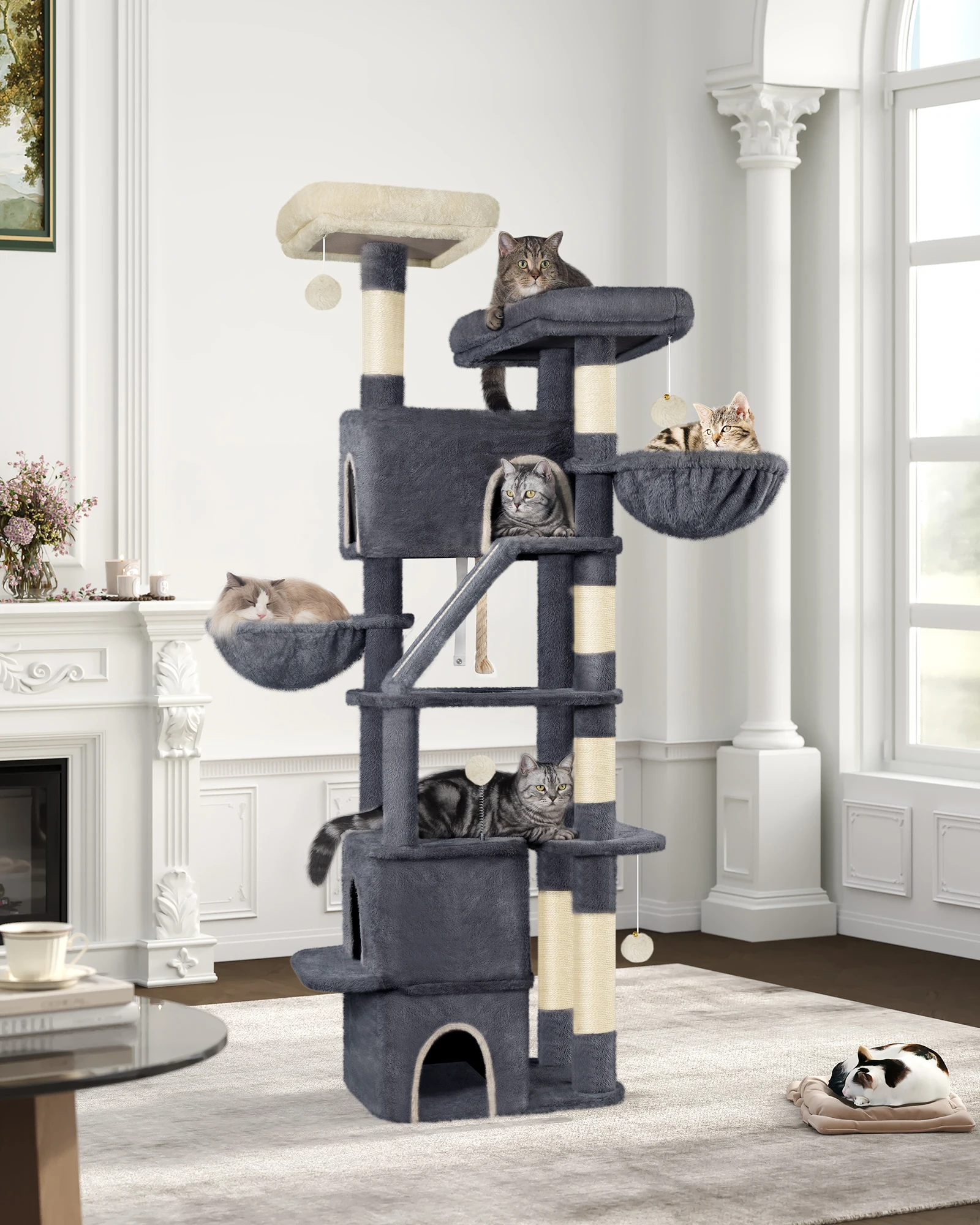 Hzuaneri Arbre à chat 185 cm, grande tour à chat pour chats d'intérieur, meubles de maison pour chats avec 2 plates-formes, 3 condonnes, 6 poteaux à gratter