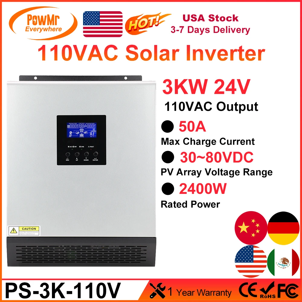 PowMr 2400W Hybrid Solar Inverter 24V to 110V 120V Pure Sine Wave With PWM 50A Solar Charge Controller and AC Charger for Home