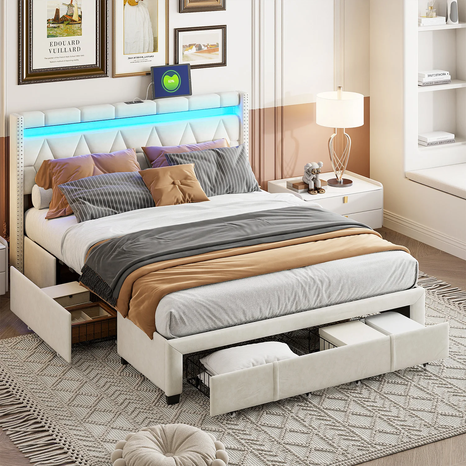 ROSAHQNDA Letto imbottito con Cassetti، Letto الزواجية Moderno in Lino، testiera Unica a LED con porte USB، Sans Materasso