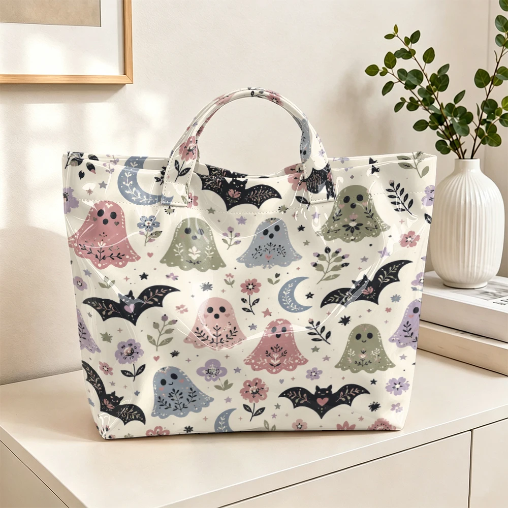 1pc Cute Pastel Ghost Bat Moon Floral Print Women Tote Bag Handbag, Halloween Aesthetic Large Capacity Ladies Hand Tote Bag For Holiday Daily