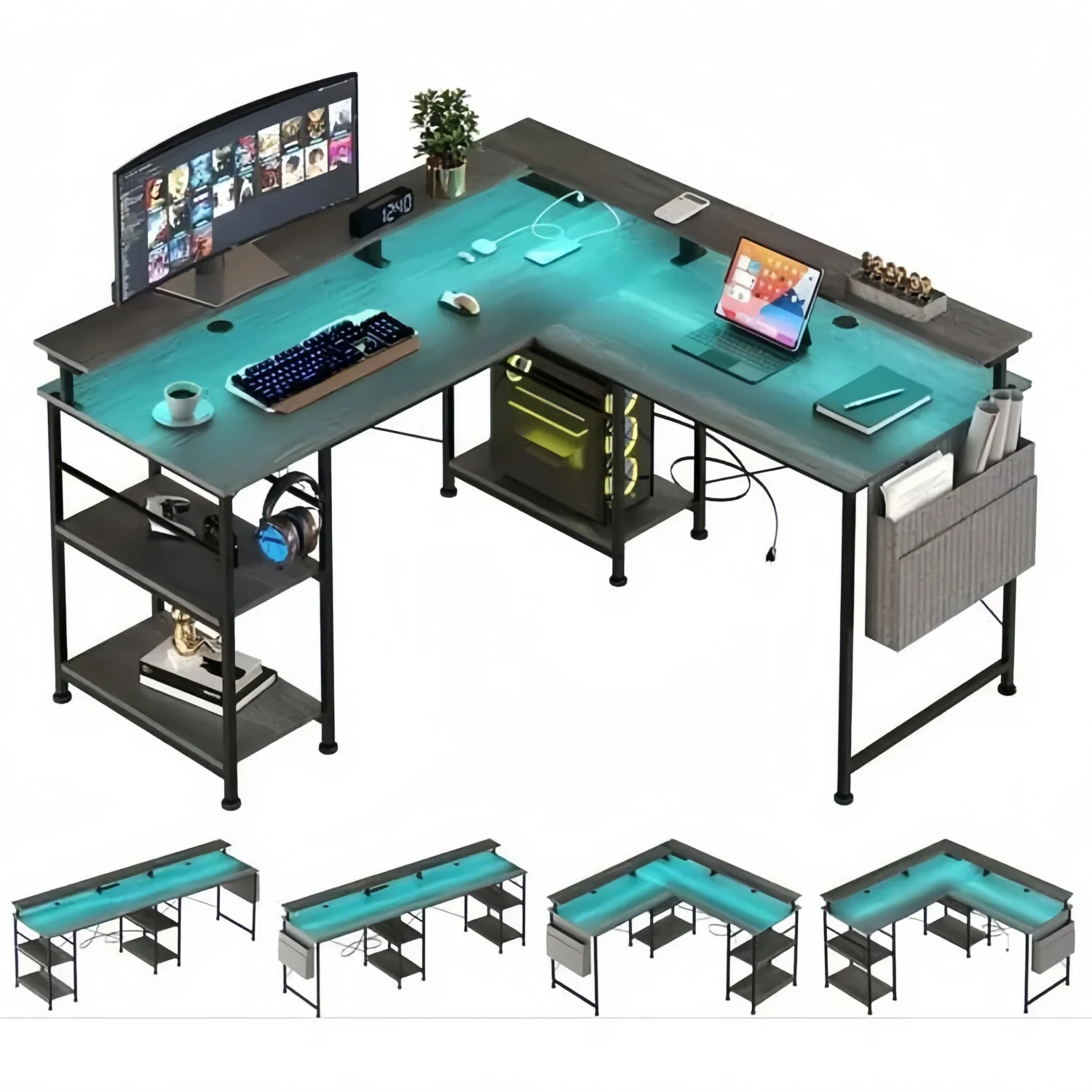 L-vormige computertafel met stopcontacten en LED-lichtbalk, verstelbaar, stijlvol en modern, grijs