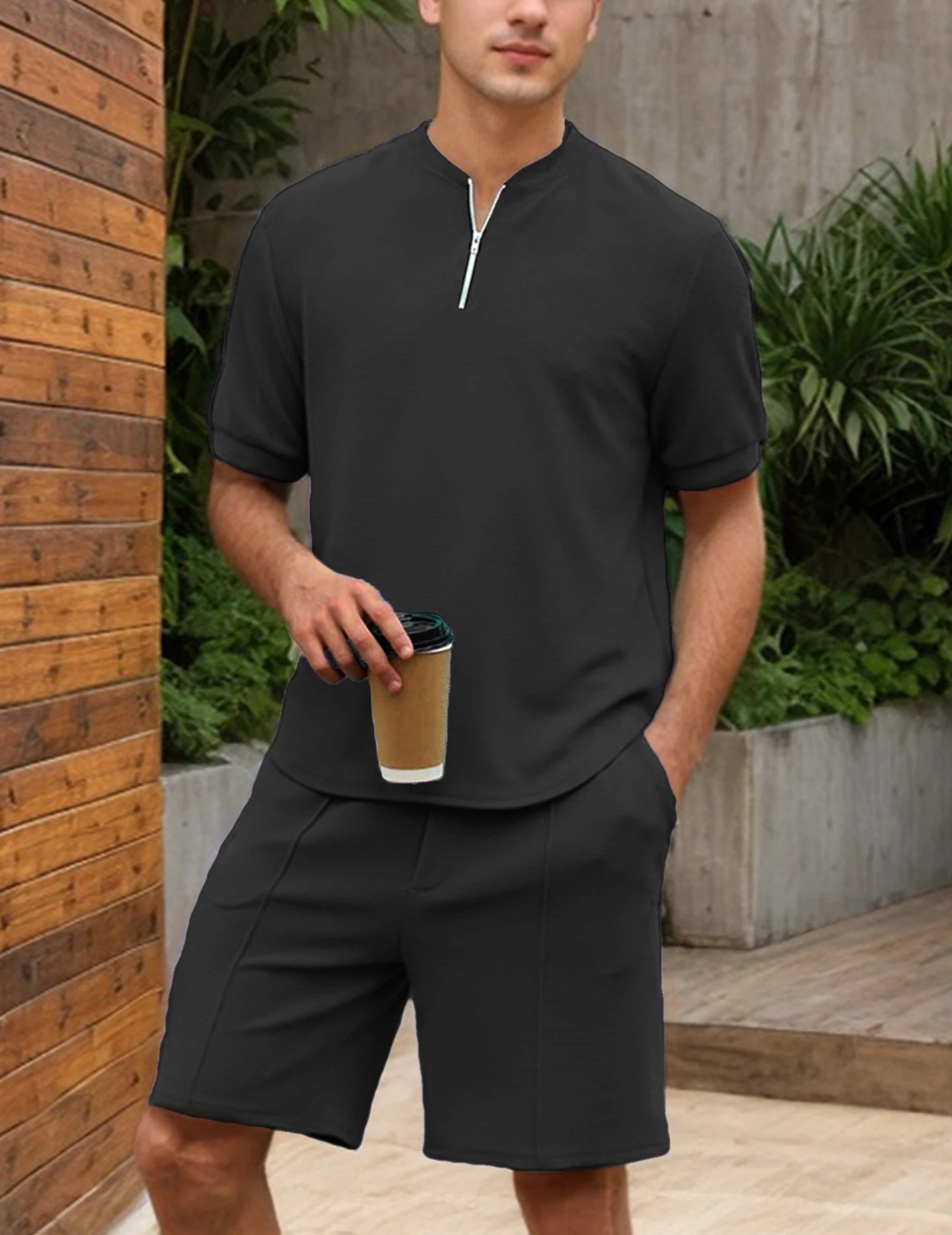 Men's Crew Neck Half-Zip Casual Two-Piece Set, Comfortable and Stylish, Perfect for Sports and Everyday Wear