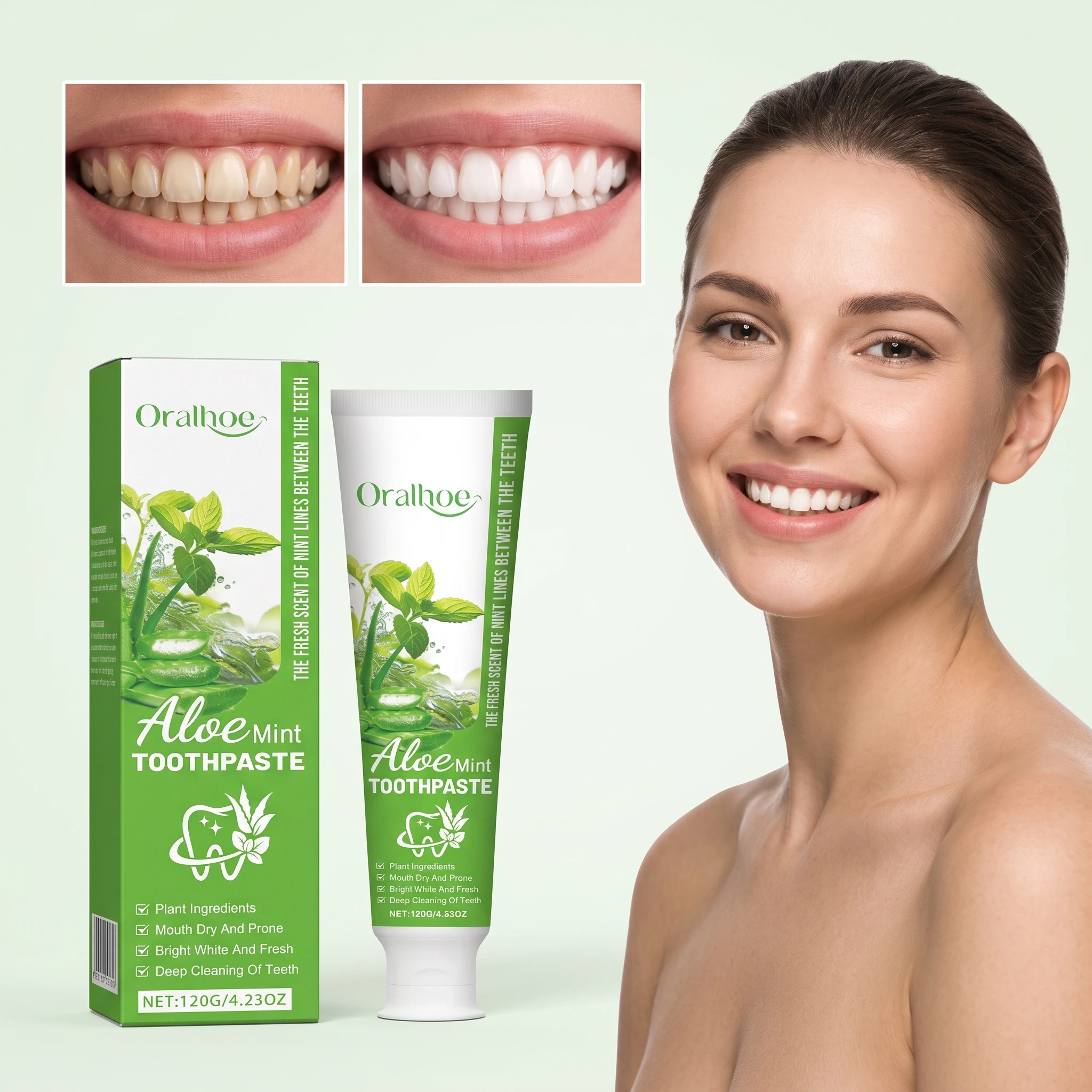 120G Aloe Vera Mint Toothpaste Natural Cleaning Coffee & Tea Stains Prevent Plaque Refreshing Oral Breath Enhance Gloss Soothing Gum Care Toothpaste