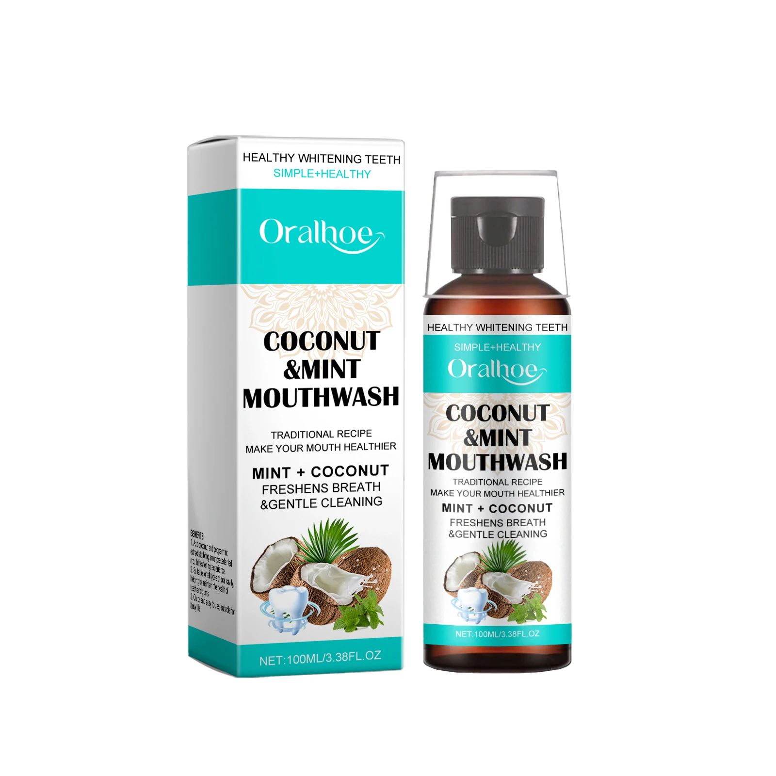 Oralhoe 100ml Collutorio orale alla menta di cocco fresca per macchie gialle Rimuovi deodorante Schiarente Liquido per la pulizia della bocca sostenibile