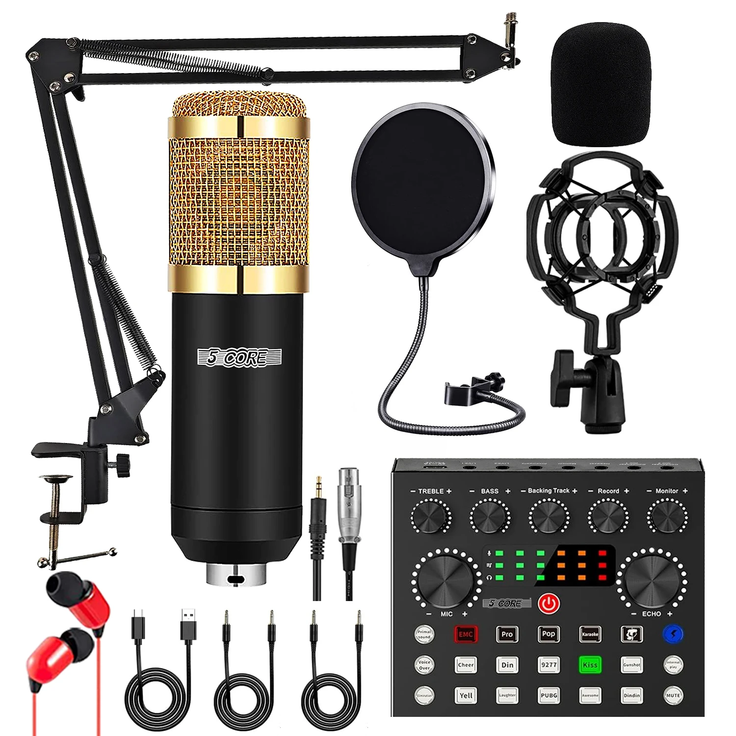 

5 Core Recording Microphone Podcast Bundle Professional Condenser Cardioid Mic Kit w Boom Arm RM 8 BG