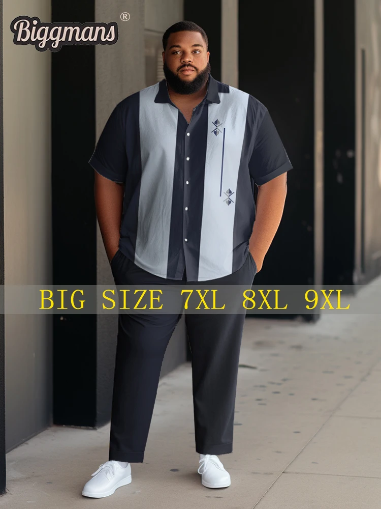 Biggmans Plus Size Clothing For Men's Business Stripe Casual Sports Color Block Graphic Bowling Short Sleeve Shirt Pants Set