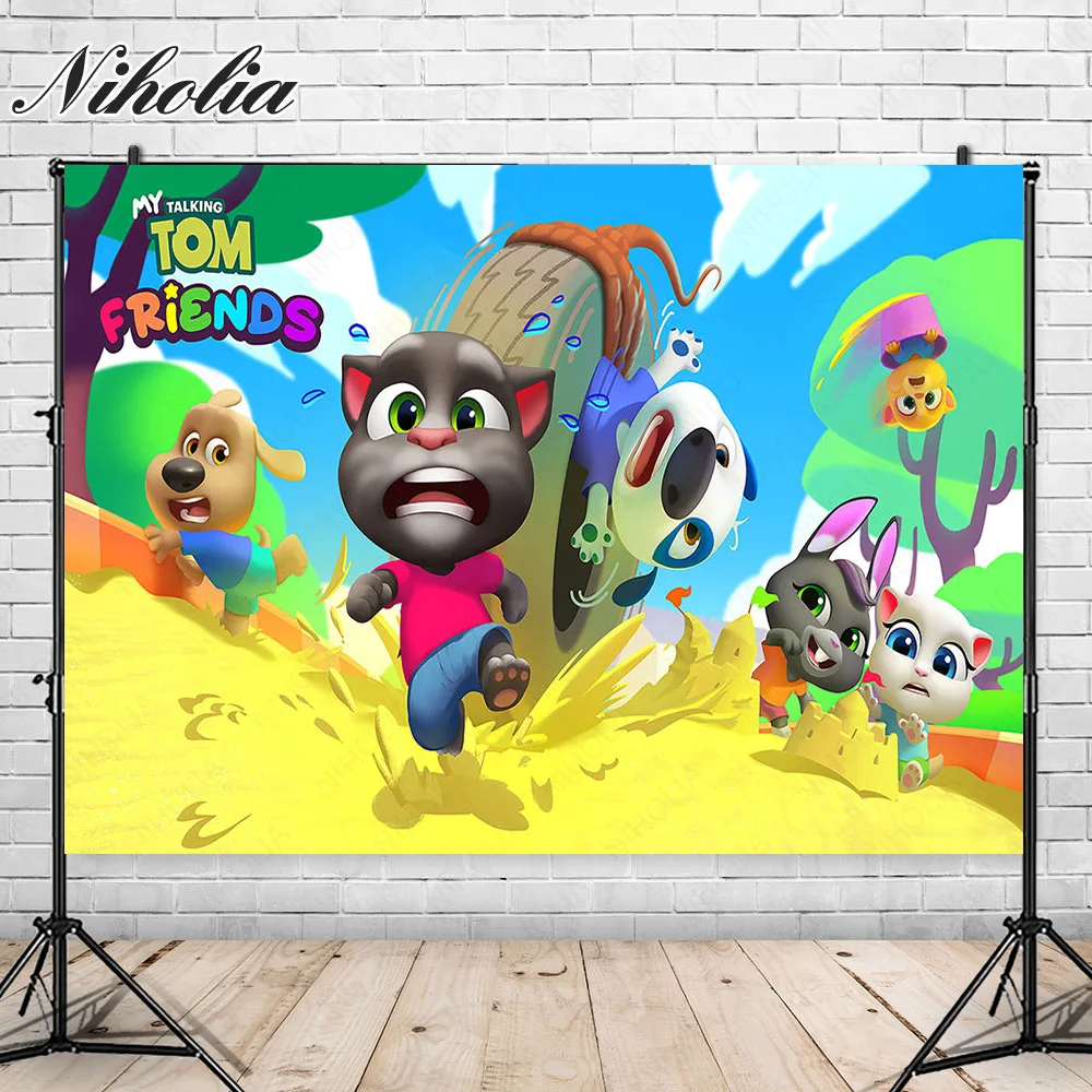 Niholia Talking Tom And Friends Backdrop For Kids Birthday Party Photography Background Cute Dogs Poster Photo Booth Props