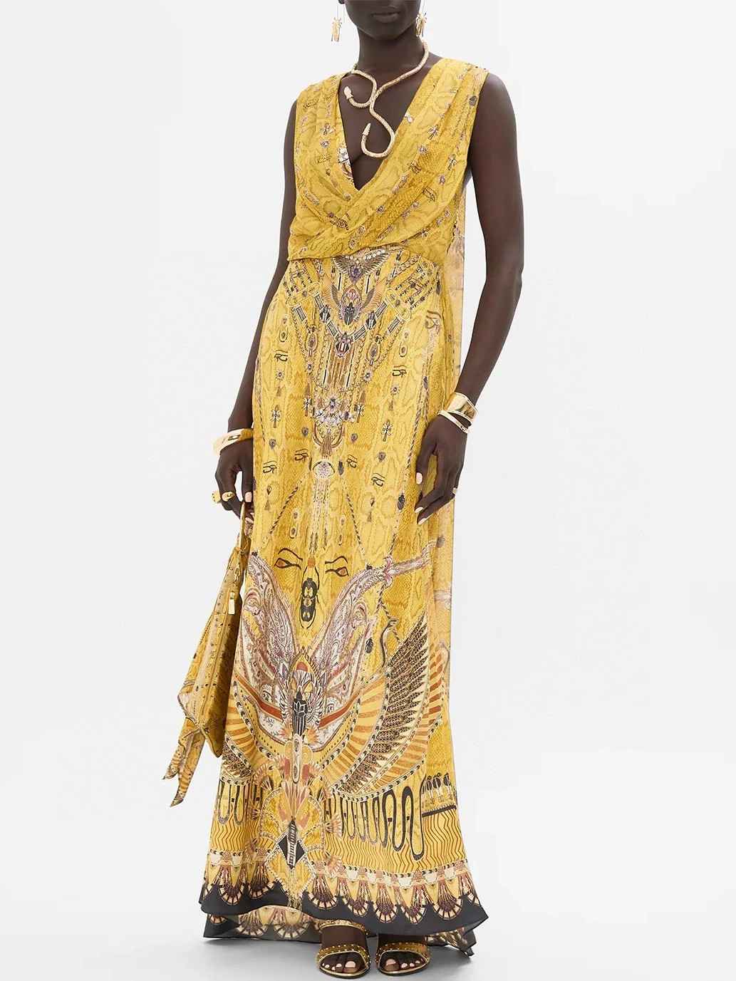 

100% настоящее шелковое шикарное желтое платье макси с тотемным принтом, женское вечернее платье без рукавов с v-образным вырезом и драпировкой