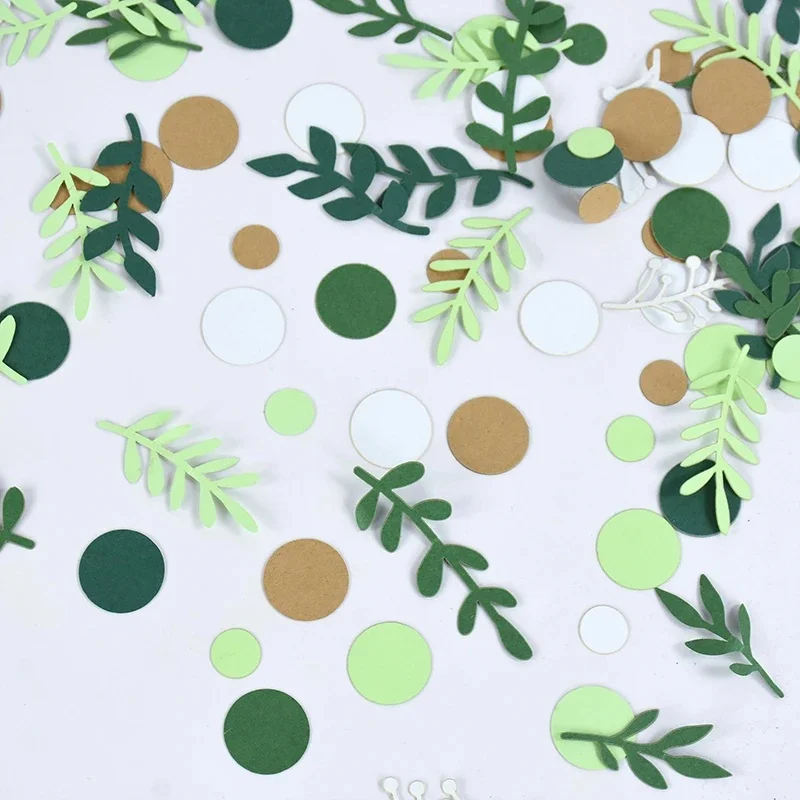 Confettis ronds en papier avec feuilles de branches, 1 paquet, vert or, décorations pour fête prénatale, mariage, anniversaire, feuilles, fournitures dispersées de Table