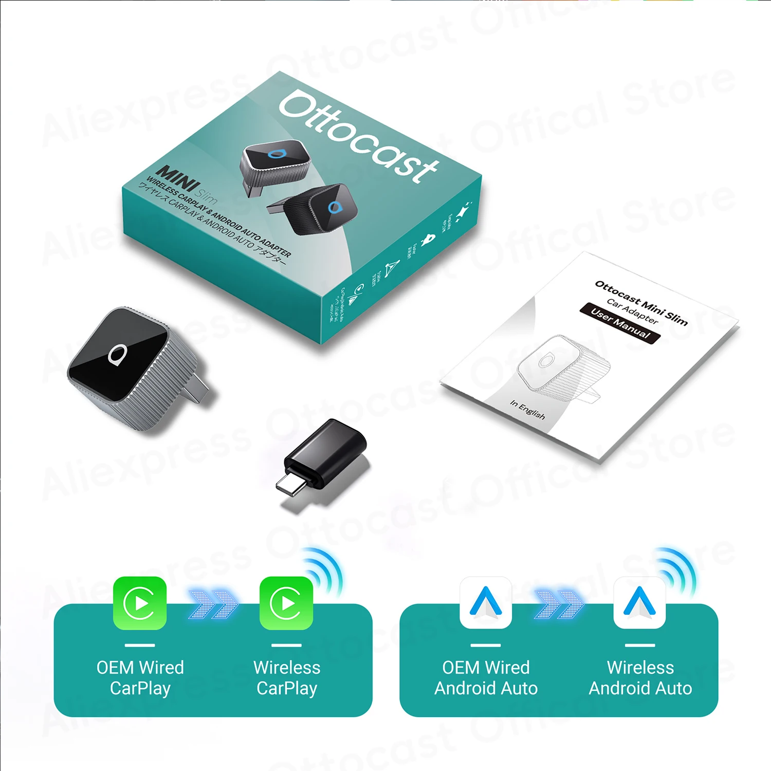 OTTOCAST Mini Slim Cube Wireless CarPlay Android Auto Adapter 2 in 1 USB AI Autozubehör für VW Haval Audi Kia Porsche Lexus – Detail 11