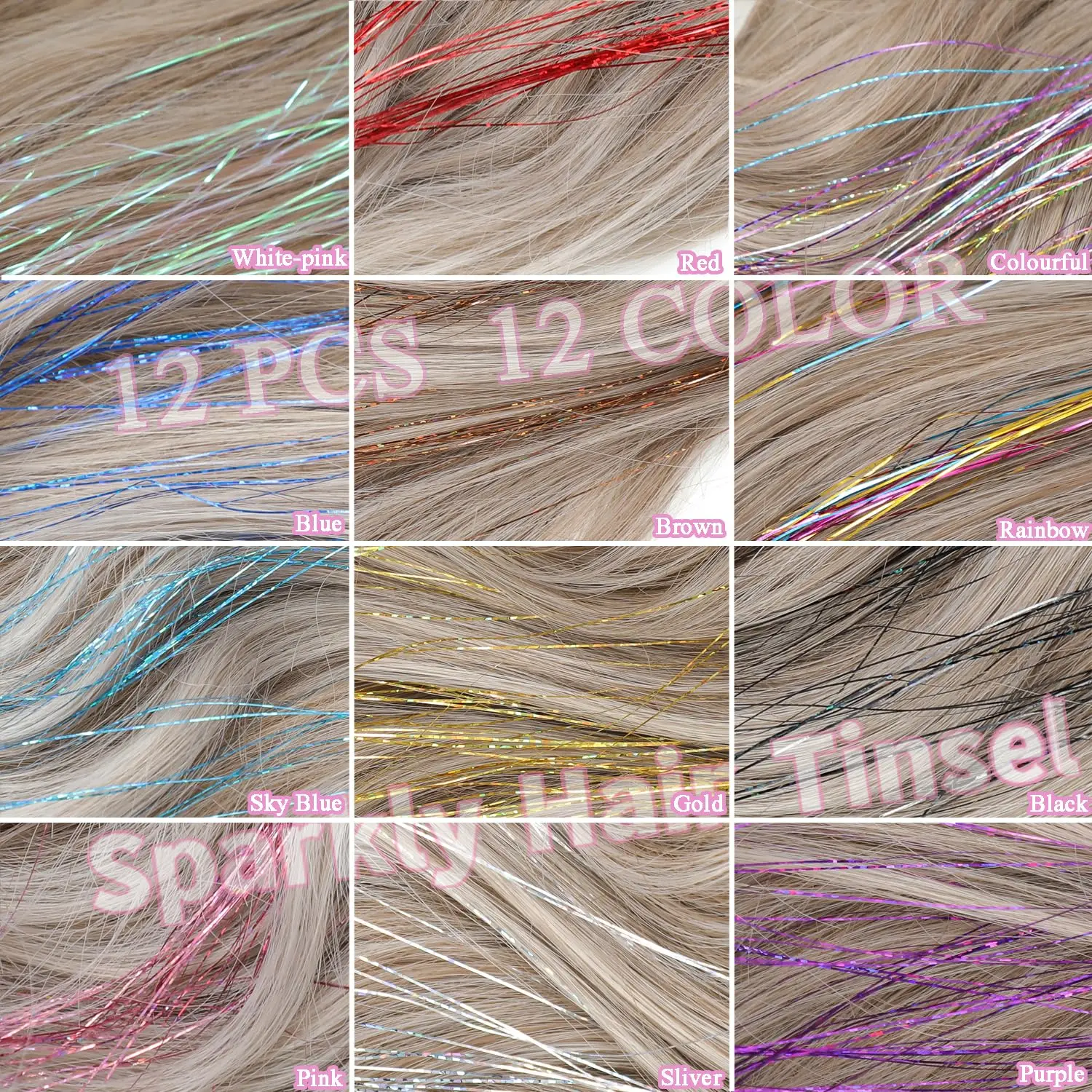 12Pcs Glitter Fairy Tinsel Hair Extensions 20 Inch Shiny Hair Tinsel Heat Resistant Sparkly Strands Hair Accessories Halloween