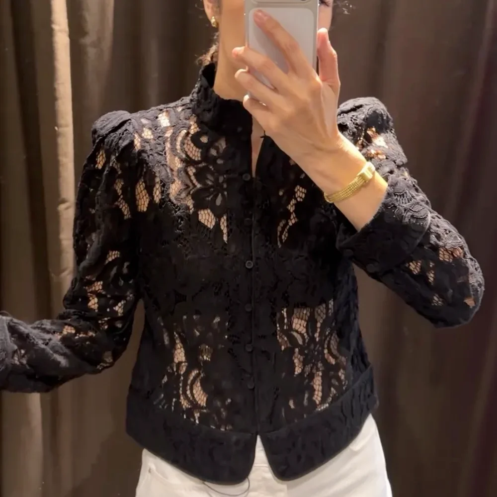 Women Black Sheer Floral Lace Shirt Stand Collar Long Sleeve Button Up Blouse Vintage Gothic See Through Cardigan Top Outfits