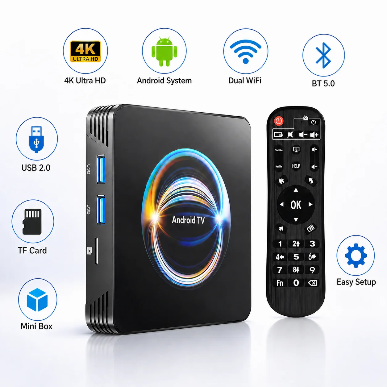 

Android TV Box 4K Ultra Smart Media Player Dual WiFi Bluetooth 5.0 Streaming Set Top Box with USB 2.0 Mini Receiver Home Theater