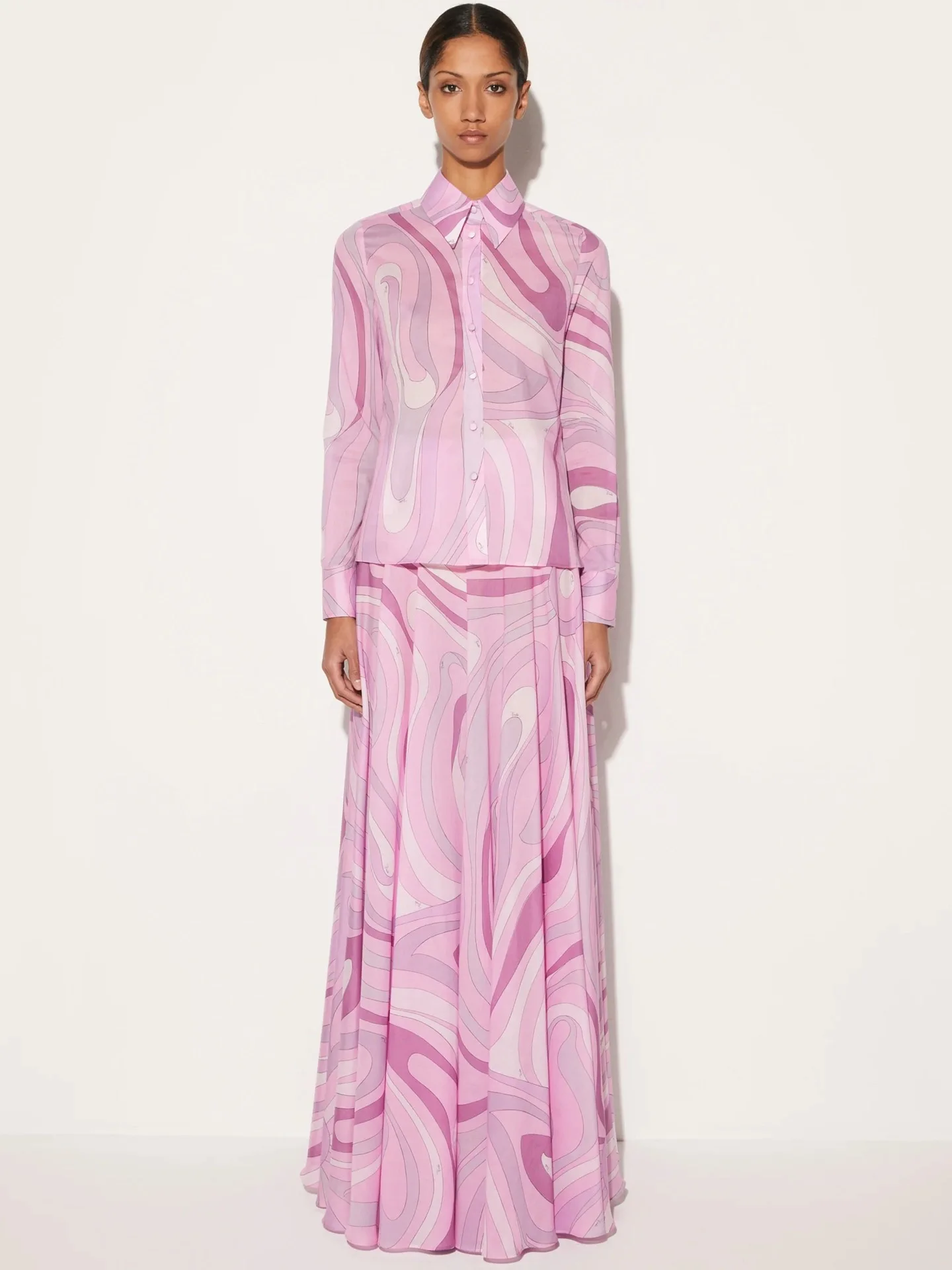 

Puc Spring Pink Geometric Print Two Piece Set Women Long Sleeve Button Down Shirt & High Waist A-line Skirt Sets Casual Outfits