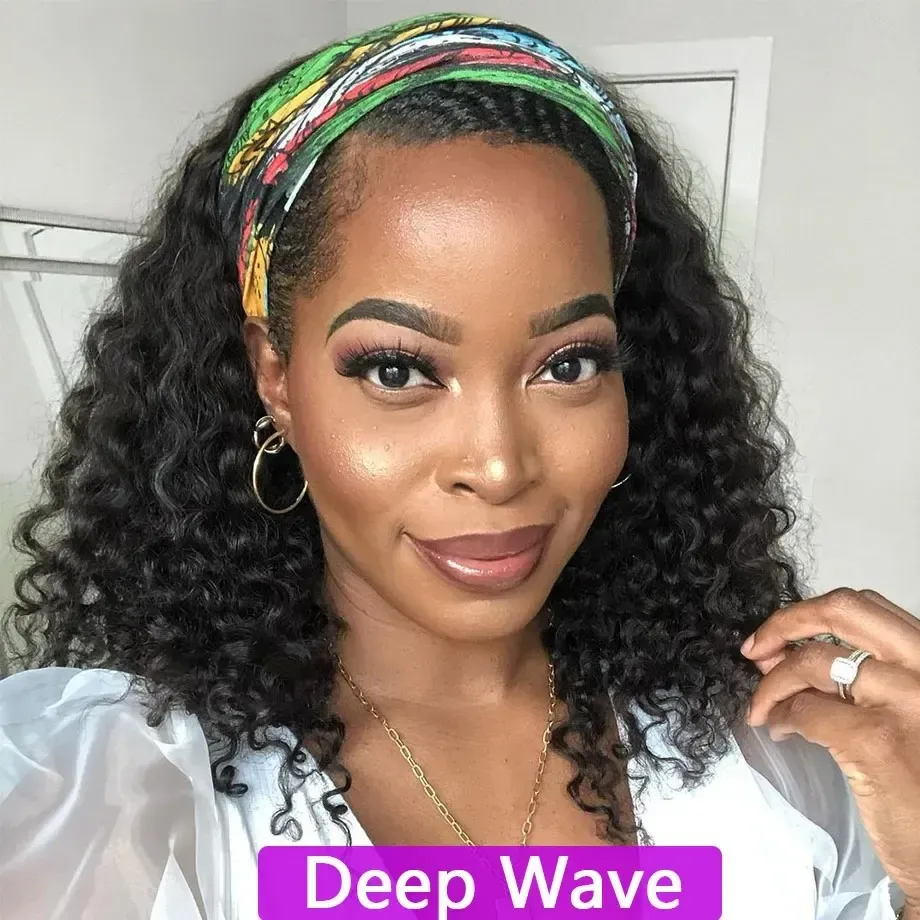 Brazilian Deep Wave Headband Wig Human Hair 10-26 Inch Glueless Deepwave Curly Human Hair Wigs for Black Women Easy to Wear Go