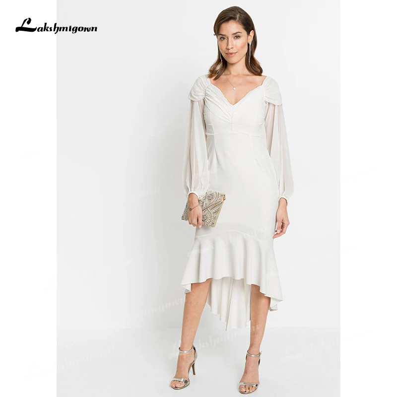 Boho v-neck completo lanterna manga cintura alta plissado alta/baixa mid-calf sereia vestidos de casamento de cetim macio vestido de noiva com zíper