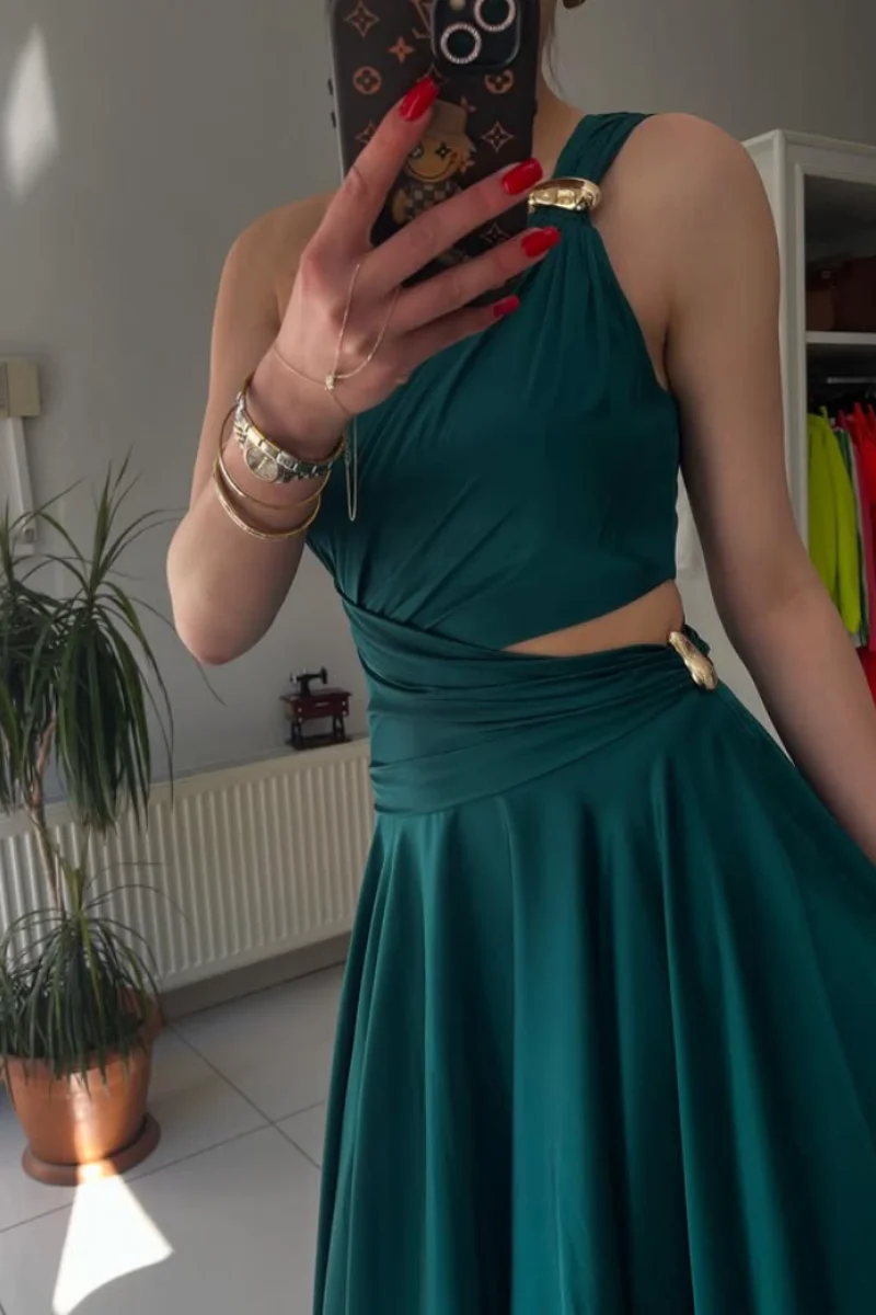 Annie Abiti da ballo con ritaglio in vita pieghettata Abiti da sera verdi sexy con una spalla Abiti da festa eleganti da donna a forma di A فسات Бmavera