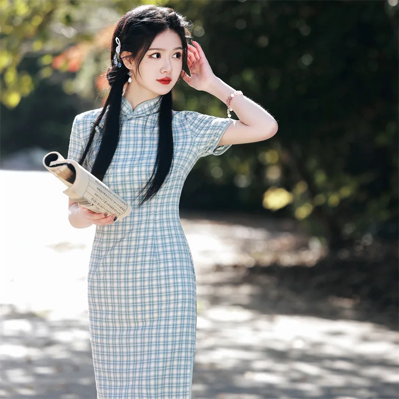 

Cheongsam Chinese Style Cotton And Linen Plaid Short Dress Fresh Girl Improved Young Style Republic Of China