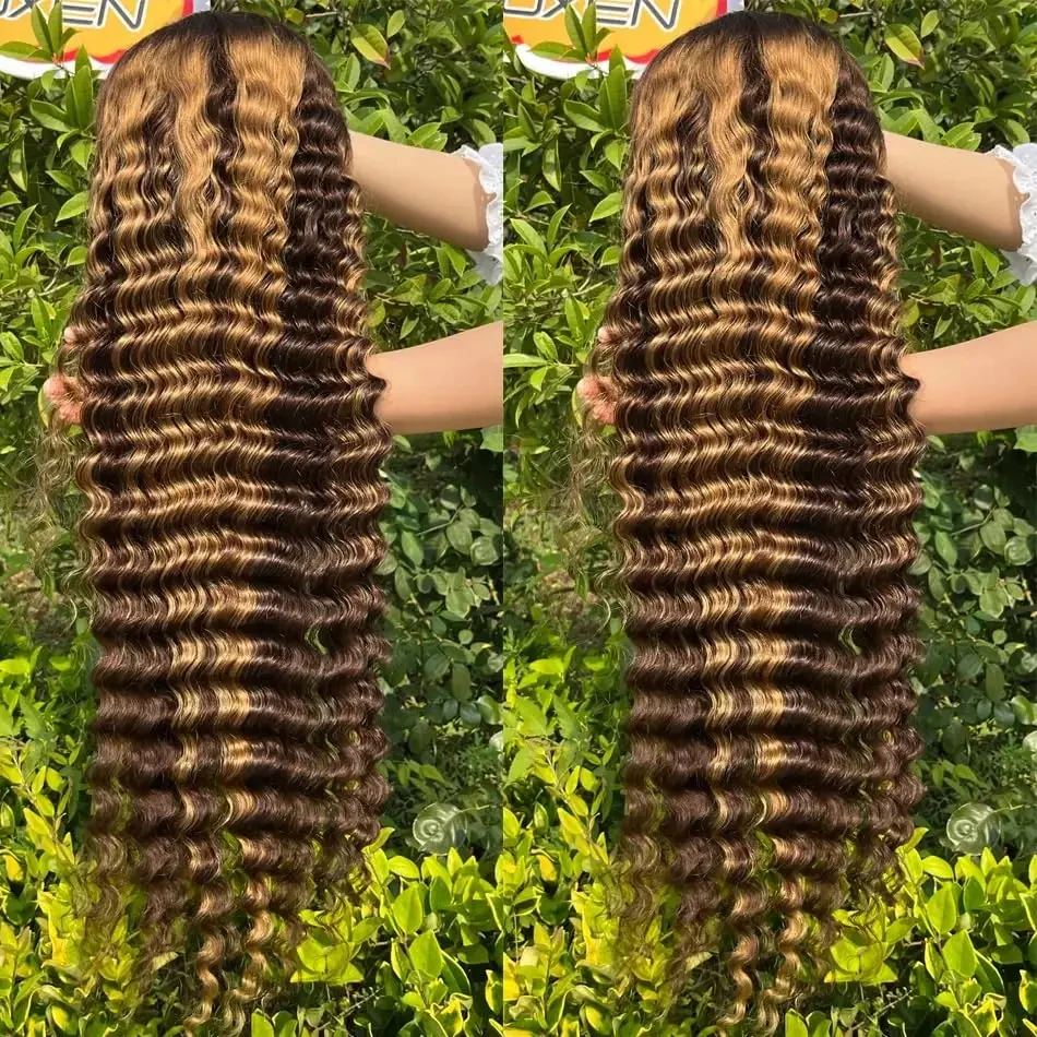 Peluca de cabello humano rizado con encaje Frontal para mujer, postizo de 32 pulgadas, 13x4, con reflejos ombré Hd, 4/27 colores, 200% ondas de agua profunda