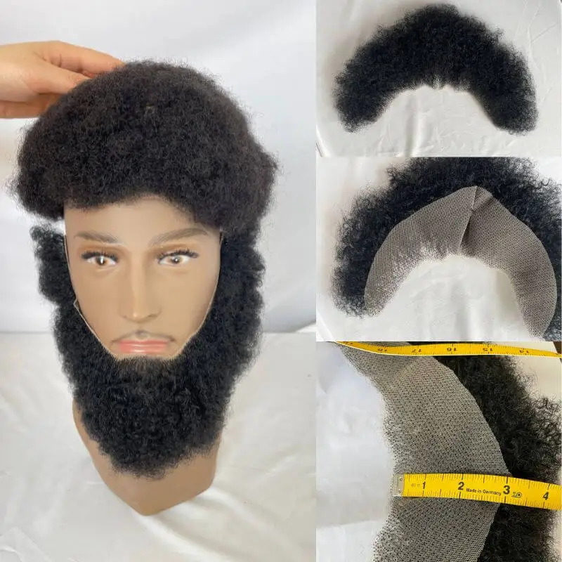 Pwigs Human Hair Afro Curl Face Beard Mustache For American Black Men Realistic Makeup Lace Base Replace System 1B Black Color