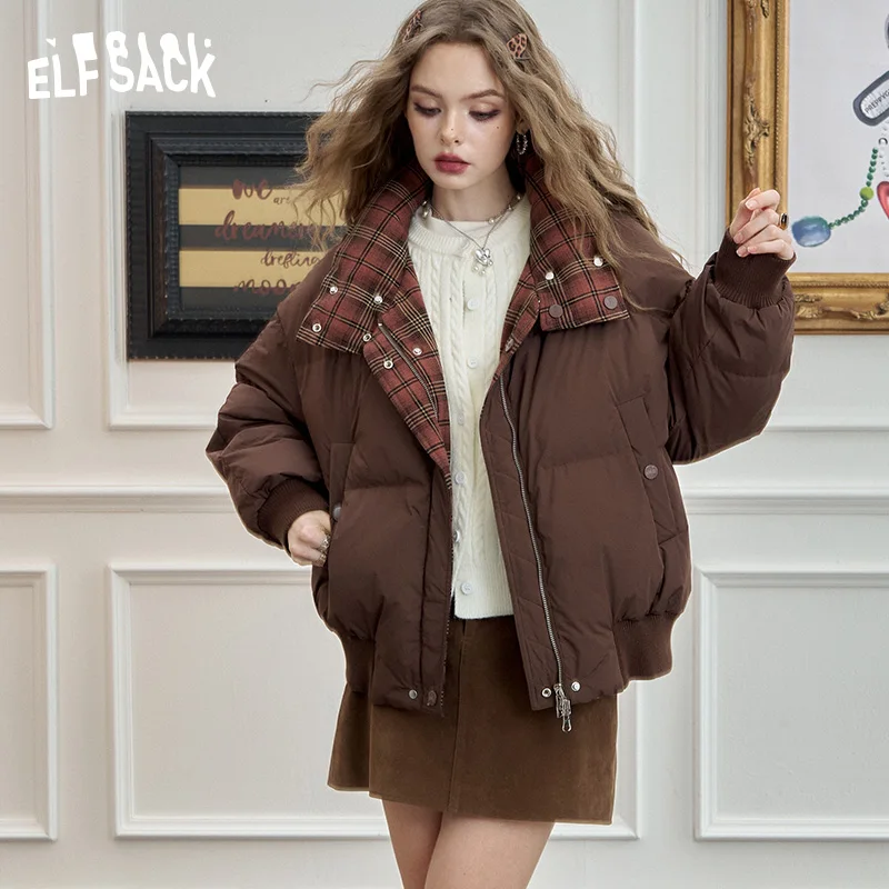 ELFSACK 2024 Winter New Arrivals Retro reversible red plaid short down jacket