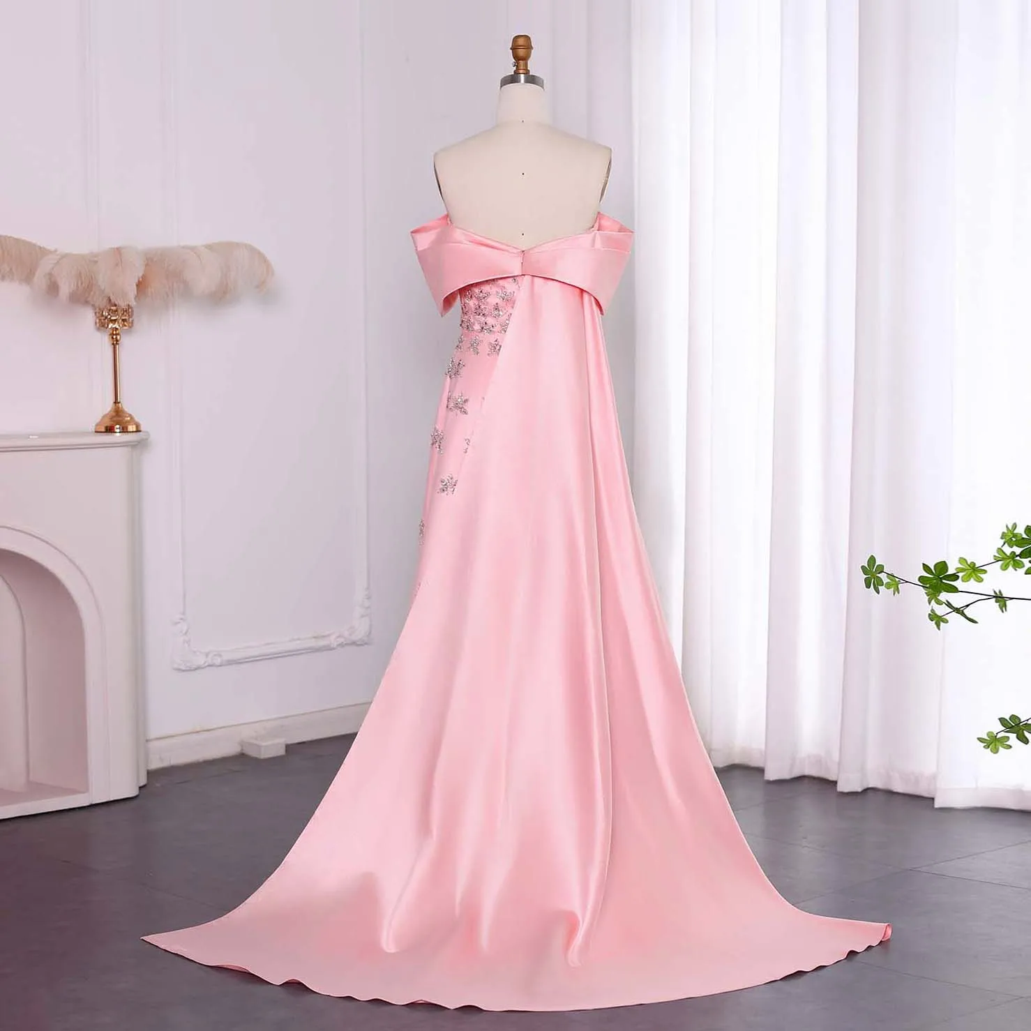 Sharon Said Luxuriöses gelbes Satin-Abendkleid aus Dubai mit Cape, schulterfrei, für arabische Frauen, Hochzeitsfeierkleider SS455, maßgeschneidert – Detail 24