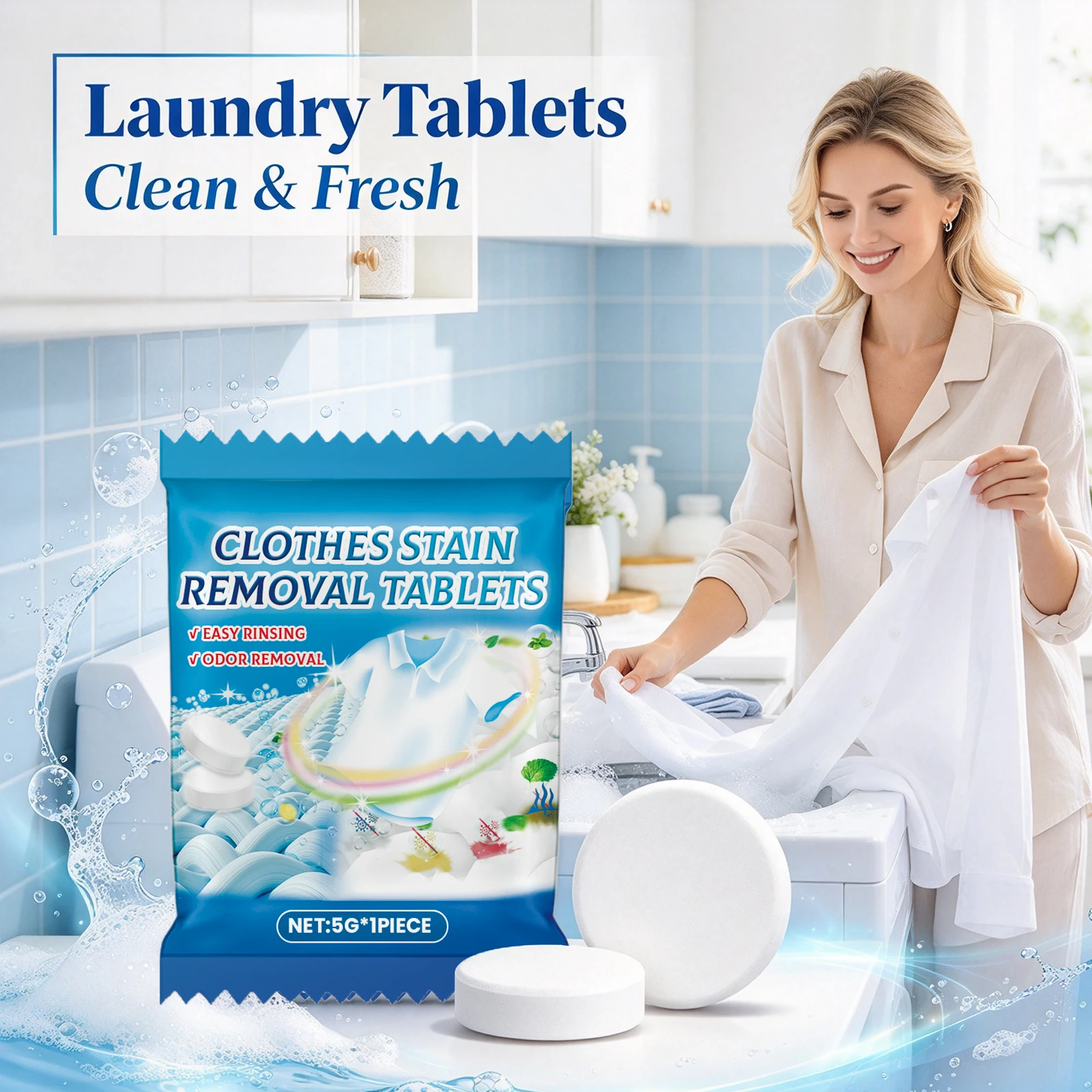 Clothes Stain Removal Tablets Natural Cleaning Dissolves Grime Brightens Fabric Fresh Scent Safe Washing Machine Dishwasher Laundry Care Cleaning Tablets