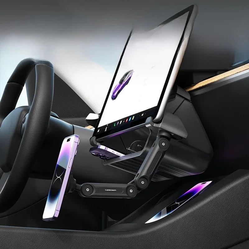 Design for Tesla Model 3/Model Y Cell Phone Holder With Storage Box Foldable Wireless Magnetic Hoder And Dual Rod Adjustment