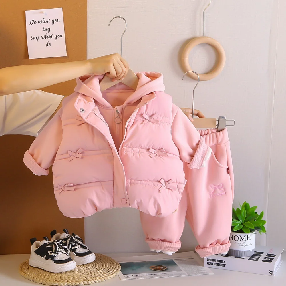Winter New Baby Hooded Cotton Coat Long Sleeve Set for Boys and Girls\' Vest with Velvet and Thickened Casual Three Piece Set
