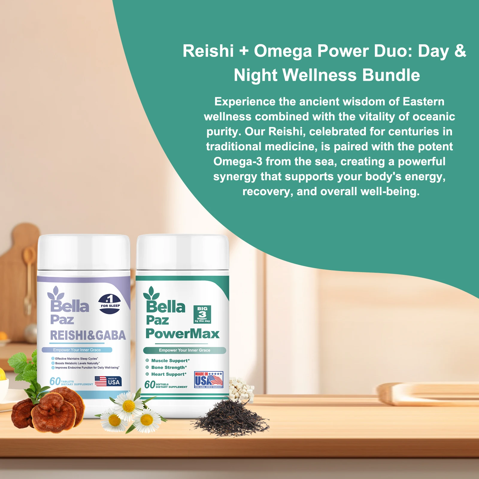 Bellapaz Reishi + Omega Power Duo: 24/7 Wellness para recuperación de energía diurna y nocturna (2 botellas)