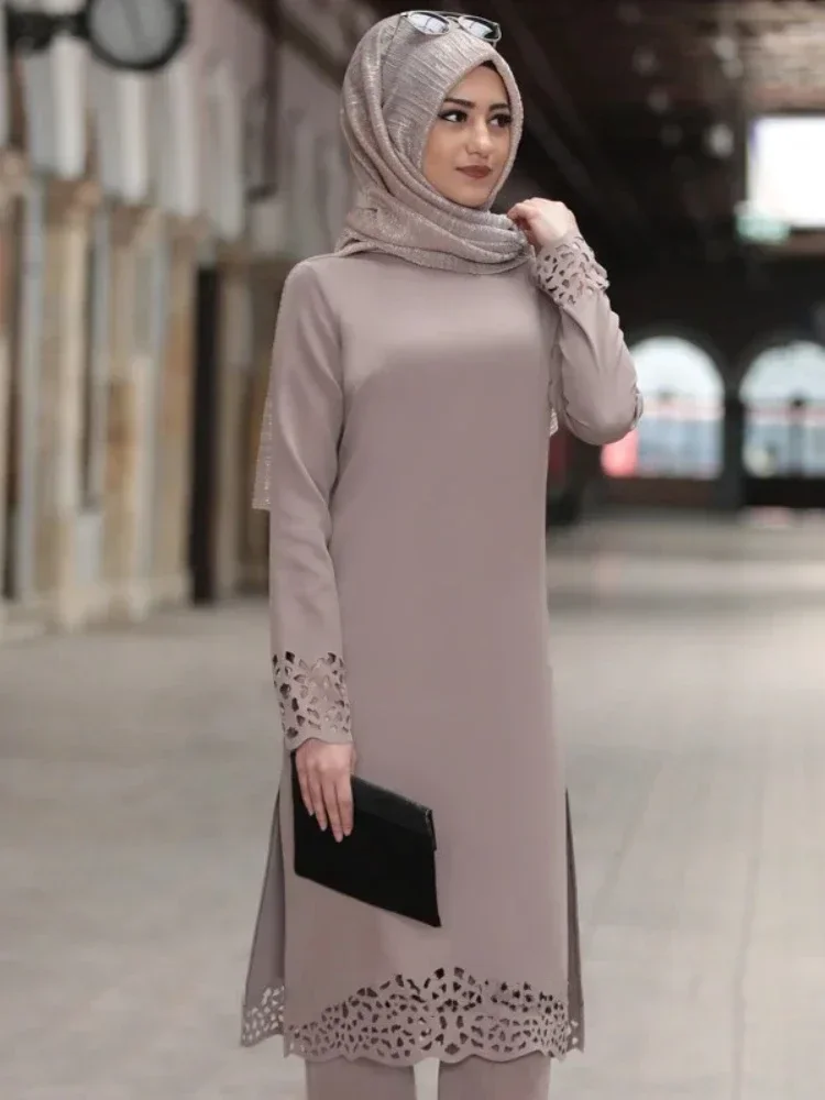 Turcja muzułmańska sukienka damska długi top Hollow solidna islamska odzież hidżab sukienki marokańskie Kaftan Party Vestidos Abaya 2020 — zdjęcie 2