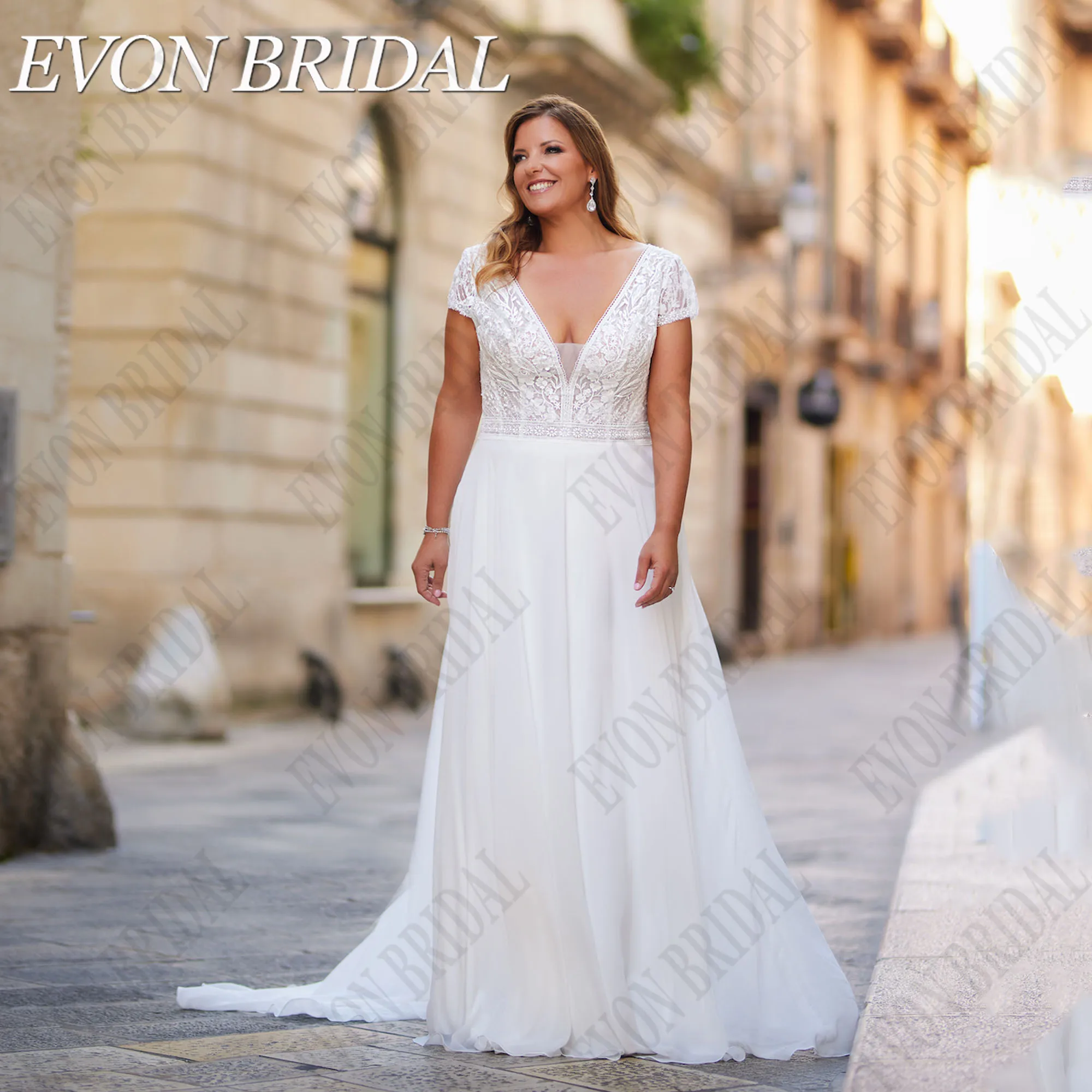 EVON BRIDAL Plus Size Civil Wedding Dress 2024 Bride V-Neck Applique A-Line Lace Up Backless Chiffon Bride Gown Sweep Train