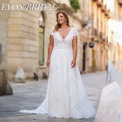 EVON BRIDAL Plus Size Civil Wedding Dress 2024 Bride V-Neck Applique A-Line Lace Up Backless Chiffon Bride Gown Sweep Train