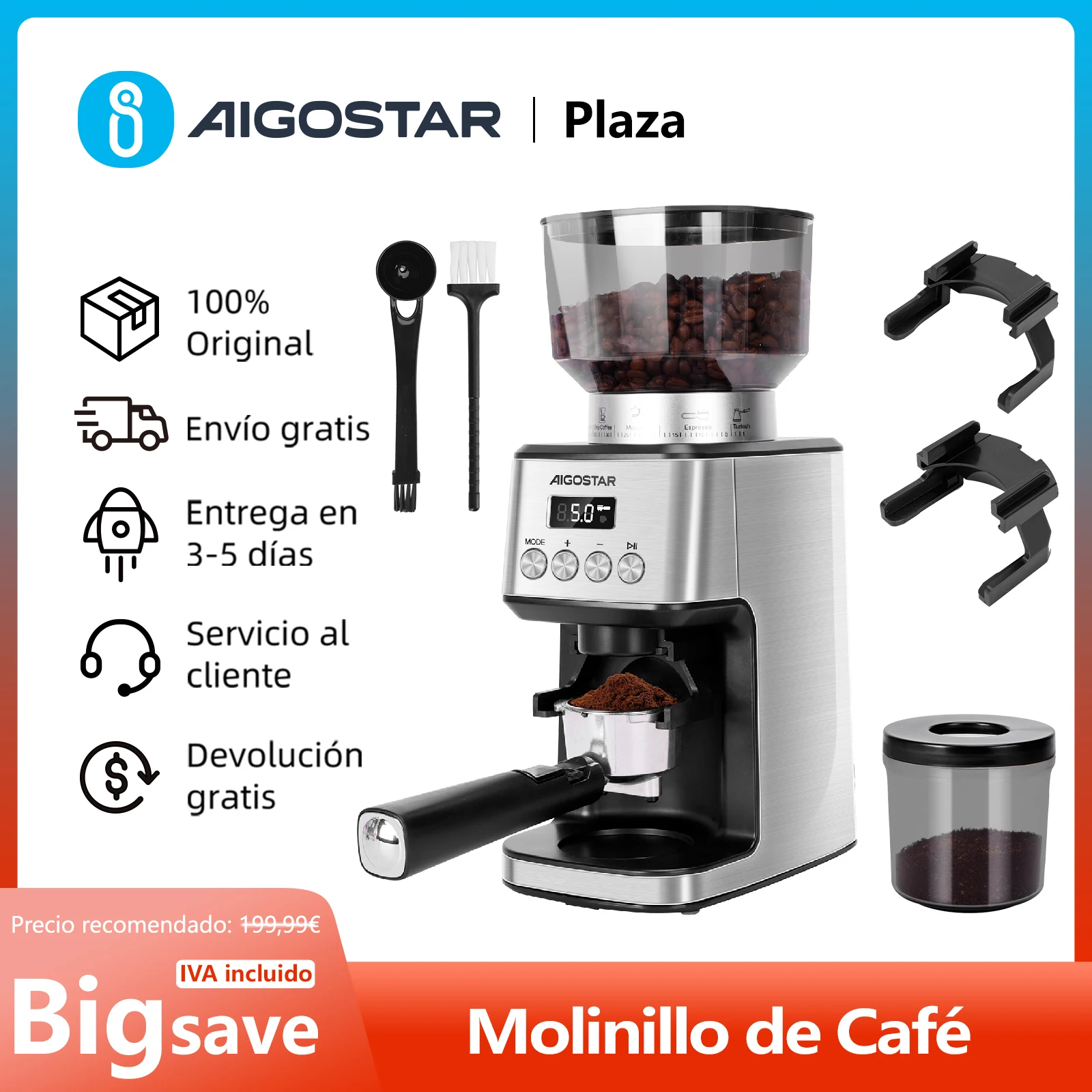 Molinillo de Café Eléctrico, 52 Configuraciones de Molienda Ajustables, Pantalla LCD, para Café Expreso, con Soporte Extraíble