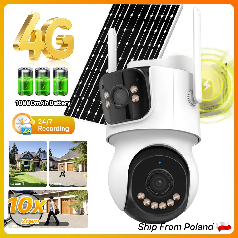 Telecamera solare 4G Registrazione 24 ore Zoom 10X Tre schermi Telecamera esterna 4K Tracciamento automatico Pannello solare da 9 W Batteria da 10000 mAh iCSee
