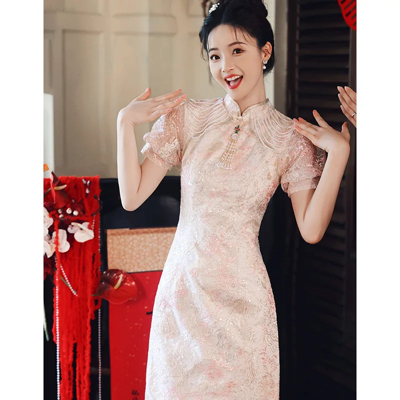 Lace toast dress bride new pink engagement dress dress new Chinese cheongsam return home toast dress