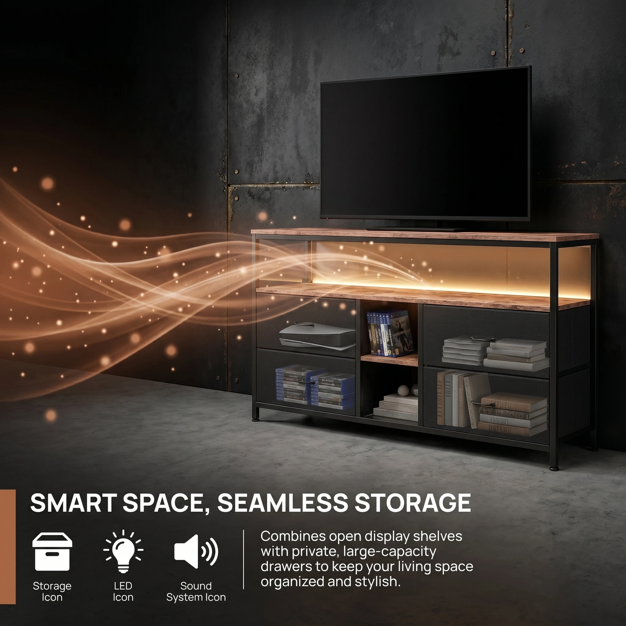 Mueble para TV de 108 cm con luces LED, unidad de cajones de tela con 4 cajones y 2 estantes abiertos, adecuado para salas de estar y dormitorios, compatible con televisores de 55/60/65 pulgadas