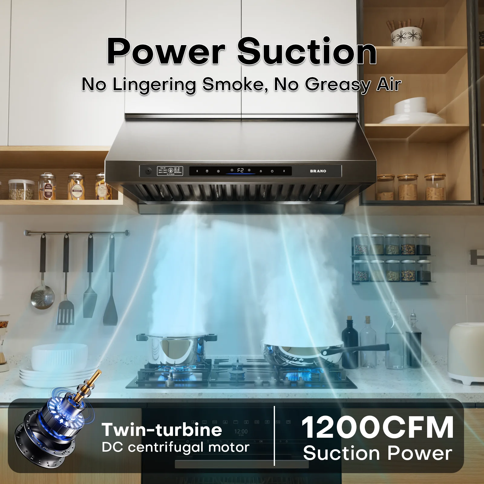 BRANO Under Cabinet Range Hood, 36 Inch, 1200 CFM DC Motor, 6-Speed Ducted Vent Hood, Voice/Gesture/Touch Control, Stainless Steel with PVD Titanium-Plated Finish, 8-Inch Round Duct